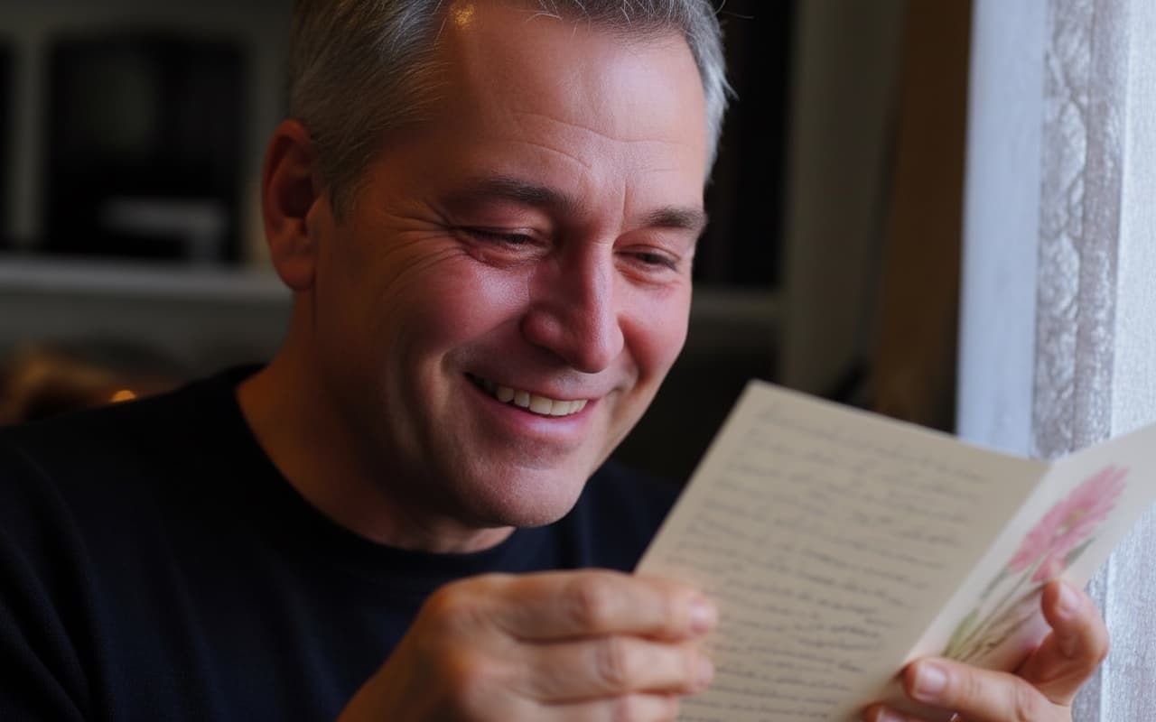 An older man smiling as he reads a handwritten card by a window