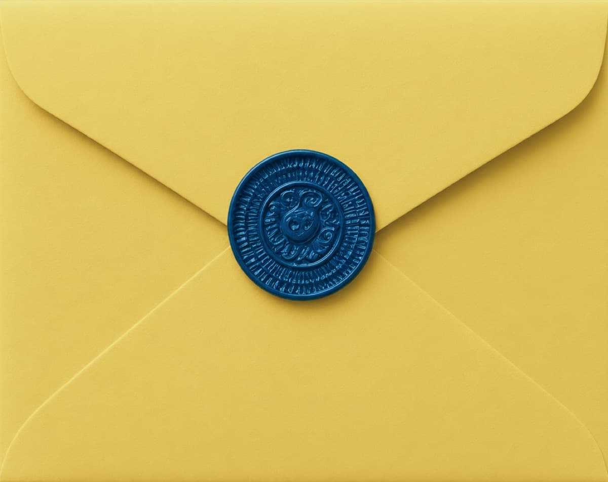 A yellow envelope sealed with a navy wax stamp
