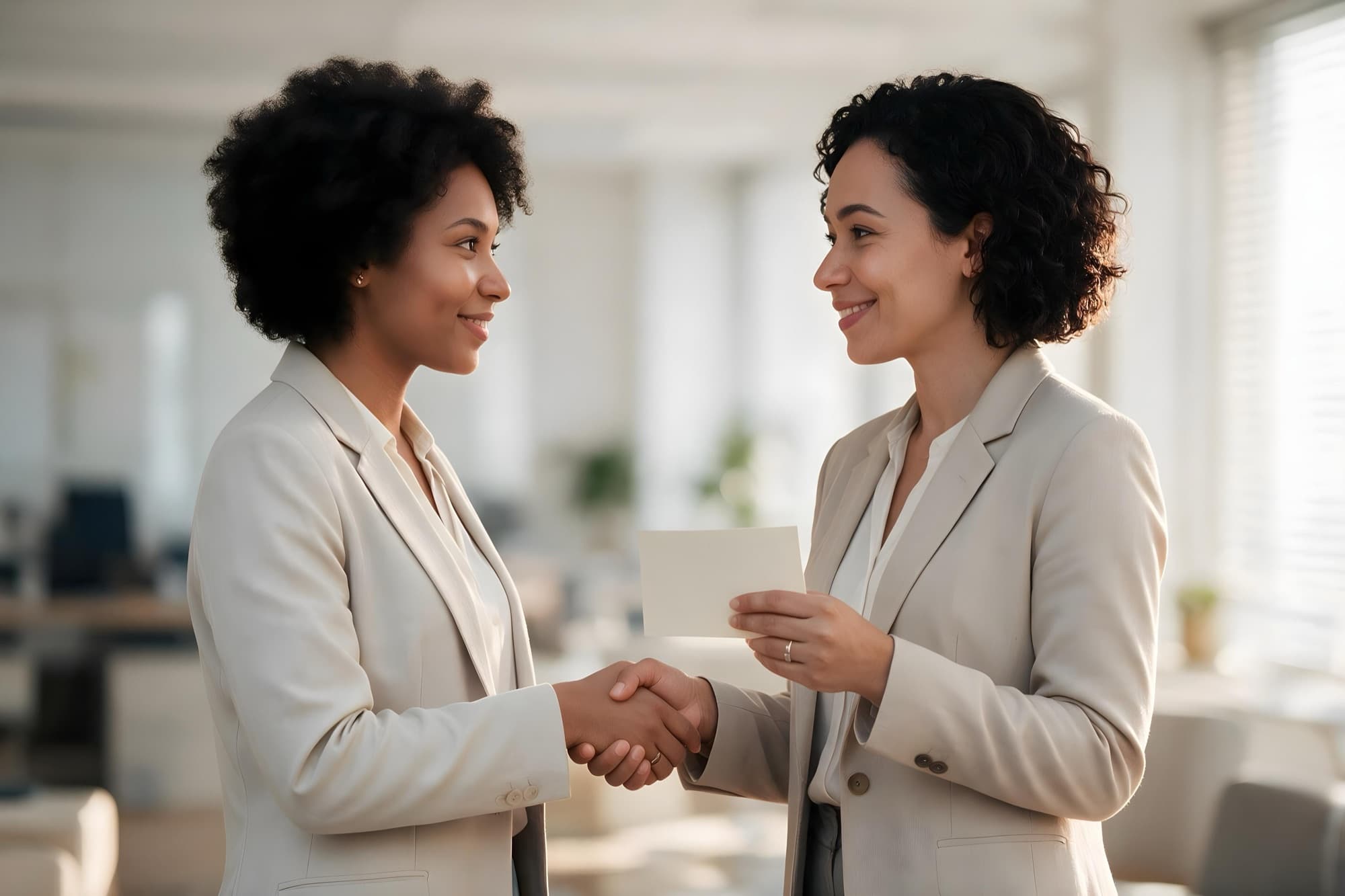 Two colleagues shaking hands, one holding a handwritten card